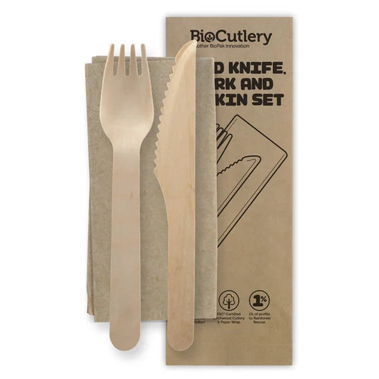 16cm Coated Wood Knife, Fork and Napkin Set