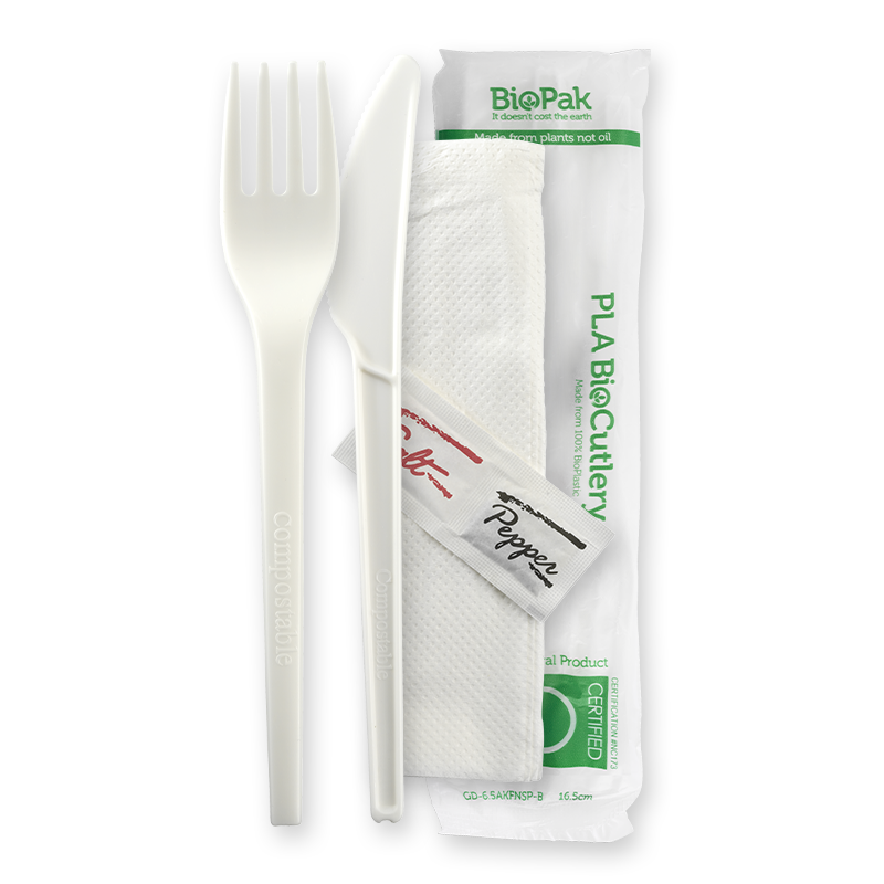 16.5cm (6.5") PLA Knife, Fork, Napkin, Salt & Pepper Set - White