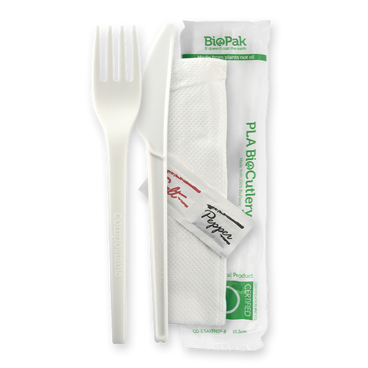 16.5cm (6.5") PLA Knife, Fork, Napkin, Salt & Pepper Set - White