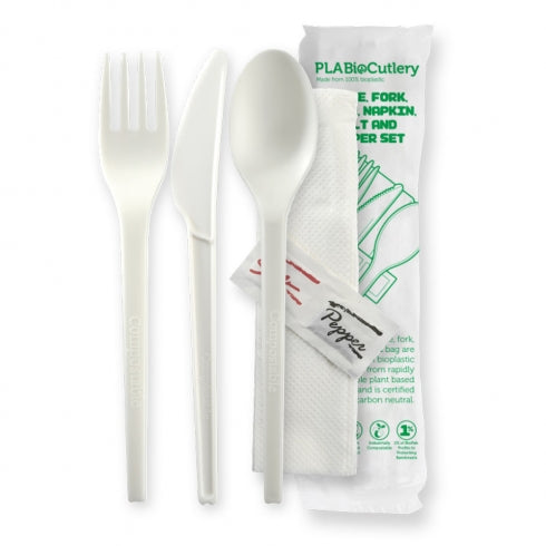 16.5/ 6.5" BIOPLASTIC KNIFE, FORK, SPOON, NAPKIN, SALT & PEPPER SET