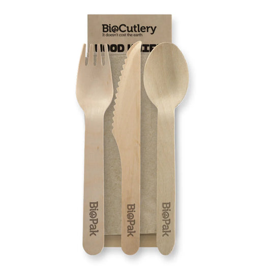 16cm Wood Knife, Fork, Spoon & Napkin Set