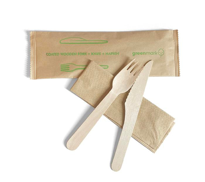 16cm Coated Wood Knife, Fork and Napkin Set