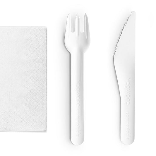 16cm Compostable Paper Cutlery Set - White - Knife/Fork/Napkin