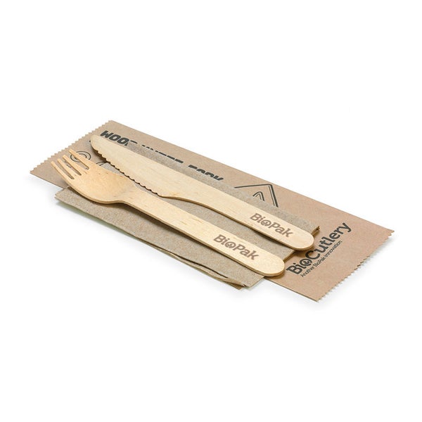 16cm Coated Wood Knife, Fork and Napkin Set
