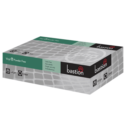 Bastion Vinyl Powder Free Clear Gloves (1 = 1 carton of 10 inner boxes - 1000 gloves total)